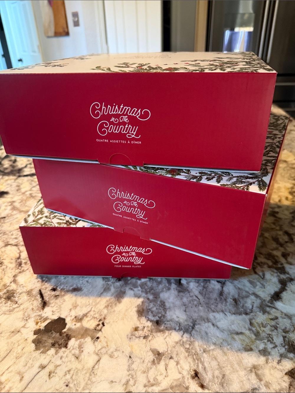 Red Holiday Dinnerware Set - 4 Plates.  3 sets on this bundle.  12 plates total.